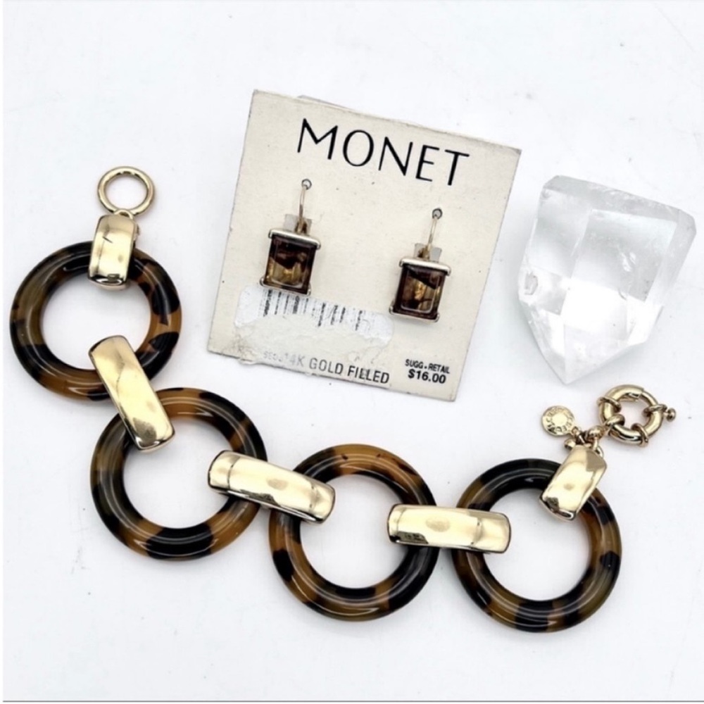 J. Crew Faux Tortoise+Gold Circle Link Bracelet & NWT Matching Monet Earrings